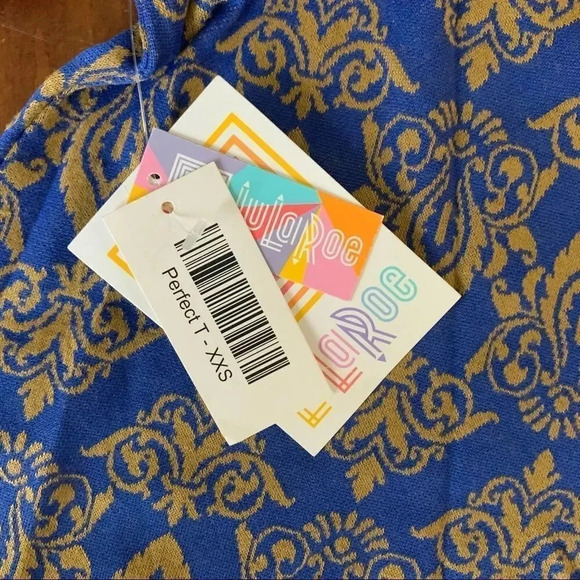 LuLaRoe NWT Perfect T Blue Gold Fleur-de-lis Knit Swing Top XXS - Picture 7 of 16
